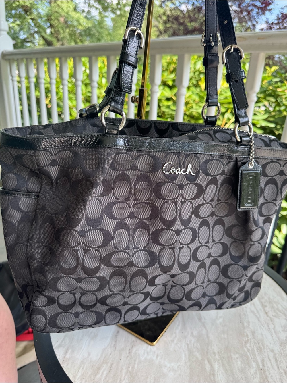 Coach Black/Gray Signature Canvas Tote with Leather Trim